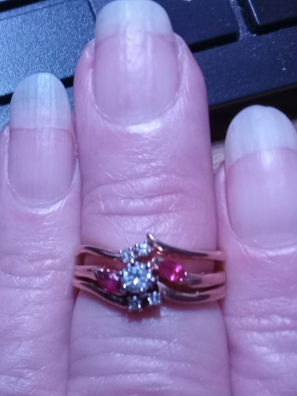 3-piece engagement/wedding ring set size 6.5, diamonds/rubies, 14 K gold